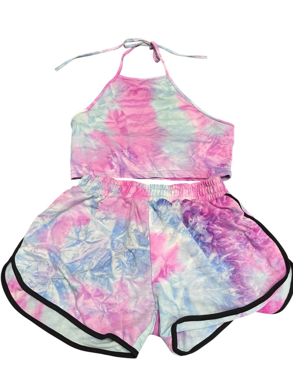 Women’s XS Pink Blue Tie Dye 2 Piece Matching Set Halter Crop Top & Shorts‎